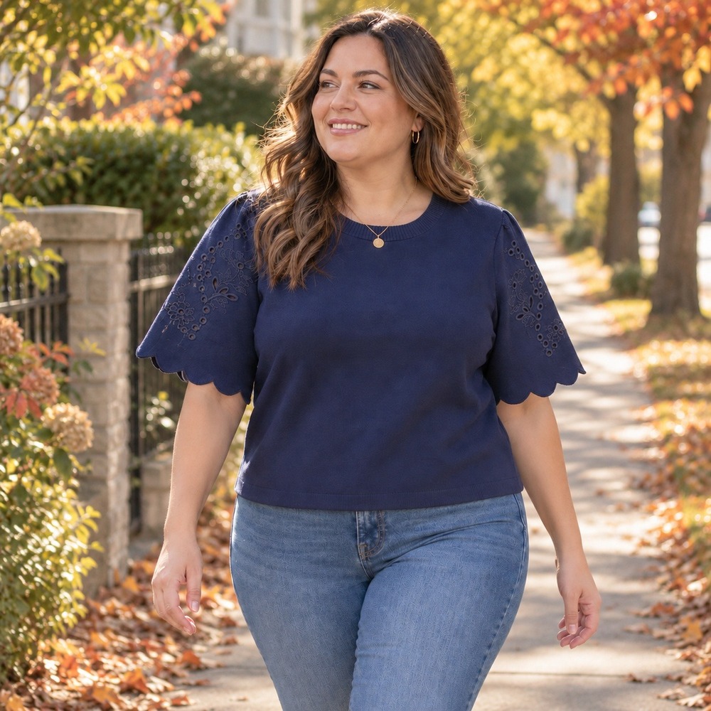 Maeve Anthropologie Scalloped Twofer Sweater Tee XL Navy Eyelet Sleeve Top